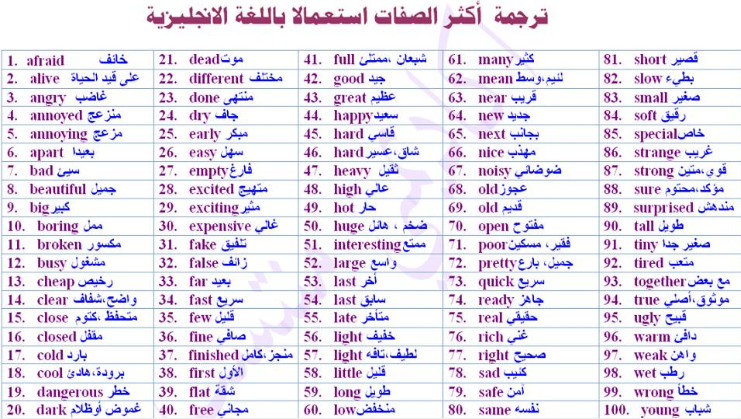 اكثر الصفات استعمالا في اللغة الانجليزية